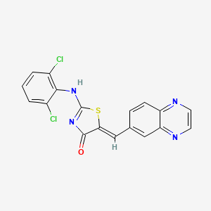 molecular formula C18H10Cl2N4OS B1672396 (5Z)-2-[(2,6-Dichlorophenyl)amino]-5-(6-quinoxalinylmethylene)-4(5H)-thiazolone CAS No. 1025821-33-3
