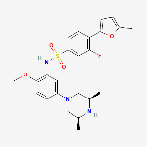 molecular formula C24H28FN3O4S B1672404 Benzenesulfonamide, N-(5-((3R,5S)-3,5-dimethyl-1-piperazinyl)-2-methoxyphenyl)-3-fluoro-4-(5-methyl-2-furanyl)-, rel- CAS No. 874958-63-1