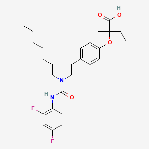 molecular formula C27H36F2N2O4 B1672452 Butanoic acid, 2-(4-(2-((((2,4-difluorophenyl)amino)carbonyl)heptylamino)ethyl)phenoxy)-2-methyl- CAS No. 190844-95-2