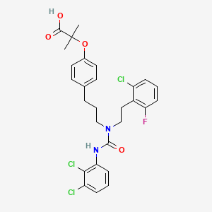 molecular formula C28H28Cl3FN2O4 B1672453 2-[4-[3-[2-(2-Chloro-6-fluorophenyl)ethyl-[(2,3-dichlorophenyl)carbamoyl]amino]propyl]phenoxy]-2-methylpropanoic acid CAS No. 227941-61-9