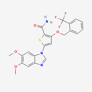 molecular formula C22H18F3N3O4S B1672544 5-(5,6-Dimethoxy-1-benzimidazolyl)-3-[[2-(trifluoromethyl)phenyl]methoxy]-2-thiophenecarboxamide CAS No. 660868-91-7