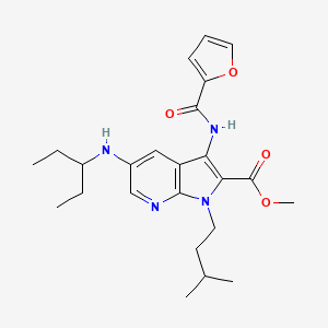 molecular formula C24H32N4O4 B1672579 1-(3-Methylbutyl)-3-(2-furylcarbonylamino)-5-(1-ethylpropylamino)-1H-pyrrolo[2,3-b]pyridine-2-carboxylic acid methyl ester CAS No. 1060478-12-7