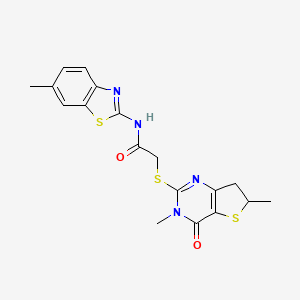 molecular formula C18H18N4O2S3 B1672696 2-[(3,6-二甲基-4-氧代-6,7-二氢噻吩并[3,2-d]嘧啶-2-基)硫烷基]-N-(6-甲基-1,3-苯并噻唑-2-基)乙酰胺 CAS No. 688353-45-9