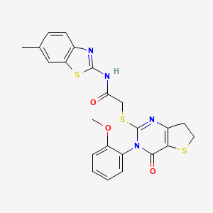 molecular formula C23H20N4O3S3 B1672698 2-((3-(2-methoxyphenyl)-4-oxo-3,4,6,7-tetrahydrothieno[3,2-d]pyrimidin-2-yl)thio)-N-(6-methylbenzo[d]thiazol-2-yl)acetamide CAS No. 686772-17-8