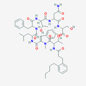 molecular formula C54H72N8O13 B1672737 N-[6-(2-amino-2-oxoethyl)-12-benzyl-9-(1-hydroxyethyl)-3-(hydroxymethyl)-18-[(4-hydroxyphenyl)methylidene]-19,22-dimethyl-15-(2-methylpropyl)-2,5,8,11,14,17,20-heptaoxo-1-oxa-4,7,10,13,16,19-hexazacyclodocos-21-yl]-3-(2-pentylphenyl)propanamide CAS No. 125787-94-2