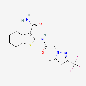 molecular formula C16H17F3N4O2S B1672950 2-[[2-[5-Methyl-3-(trifluoromethyl)pyrazol-1-yl]acetyl]amino]-4,5,6,7-tetrahydro-1-benzothiophene-3-carboxamide CAS No. 489408-02-8
