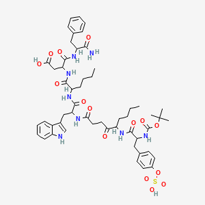 molecular formula C53H70N8O15S B1672974 4-[(1-amino-1-oxo-3-phenylpropan-2-yl)amino]-3-[2-[[3-(1H-indol-3-yl)-2-[[5-[[2-[(2-methylpropan-2-yl)oxycarbonylamino]-3-(4-sulfooxyphenyl)propanoyl]amino]-4-oxononanoyl]amino]propanoyl]amino]hexanoylamino]-4-oxobutanoic acid CAS No. 119068-32-5