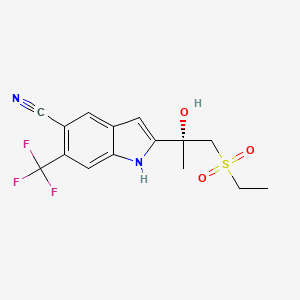 molecular formula C15H15F3N2O3S B1673006 (-)(R)-2-(2-Ethylsulfonyl-1-hydroxy-1-methylethyl)-6-trifluoromethyl-1H-indole-5-carbonitrile CAS No. 868691-50-3