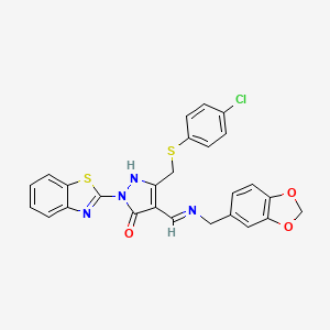 molecular formula C26H19ClN4O3S2 B1673321 (4E)-4-[(1,3-benzodioxol-5-ylmethylamino)methylidene]-2-(1,3-benzothiazol-2-yl)-5-[(4-chlorophenyl)sulfanylmethyl]pyrazol-3-one CAS No. 361198-09-6