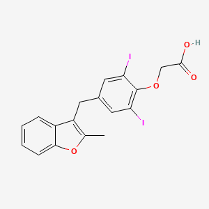 molecular formula C18H14I2O4 B1673360 2-Methyl-3-(3,5-diiodo-4-carboxymethoxybenzyl)benzofuran CAS No. 147030-48-6
