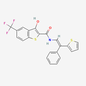 molecular formula C22H14F3NO2S2 B1673814 (E)-3-Hydroxy-N-(2-phenyl-2-(thiophen-2-yl)vinyl)-5-(trifluoromethyl)benzo[b]thiophene-2-carboxamide CAS No. 107008-29-7
