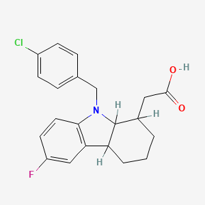 molecular formula C21H21ClFNO2 B1673824 2-[9-[(4-Chlorophenyl)methyl]-6-fluoro-1,2,3,4,4a,9a-hexahydrocarbazol-1-yl]acetic acid CAS No. 122757-59-9