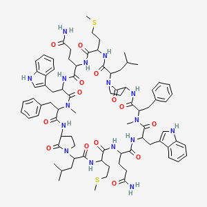 molecular formula C82H108N16O14S2 B1673837 3,3'-(11,30-bis((1H-indol-3-yl)methyl)-14,33-dibenzyl-2,21-diisobutyl-13,32-dimethyl-5,24-bis(2-(methylthio)ethyl)-3,6,9,12,15,22,25,28,31,34,39,40-dodecaoxo-1,4,7,10,13,16,20,23,26,29,32,35-dodecaazatricyclo[34.2.1.117,20]tetracontane-8,27-diyl)dipropanamide CAS No. 137012-28-3