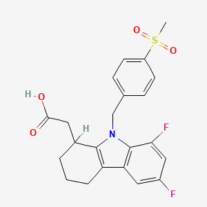 molecular formula C22H21F2NO4S B1673842 2-[6,8-Difluoro-9-[(4-methylsulfonylphenyl)methyl]-1,2,3,4-tetrahydrocarbazol-1-yl]acetic acid CAS No. 121083-05-4