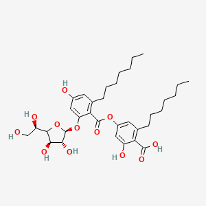 molecular formula C34H48O12 B1673850 4-[2-[(2S,3R,4R)-5-[(1R)-1,2-dihydroxyethyl]-3,4-dihydroxyoxolan-2-yl]oxy-6-heptyl-4-hydroxybenzoyl]oxy-2-heptyl-6-hydroxybenzoic acid CAS No. 120634-85-7