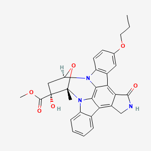 molecular formula C30H27N3O6 B1673861 9-Hydroxy-9-methoxycarbonyl-8-methyl-14-n-propoxy-2,3,9,10-tetrahydro-8,11-epoxy-1H,8H,11H-2,7b,11a-triazadibenzo(a,g)cycloocta(cde)trinden-1-one CAS No. 126643-38-7