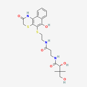 molecular formula C23H29N3O6S2 B1674044 Butanamide, N-(3-((2-((2,3-dihydro-6-hydroxy-2-oxo-1H-naphtho(2,1-b)(1,4)thiazin-5-yl)thio)ethyl)amino)-3-oxopropyl)-2,4-dihydroxy-3,3-dimethyl-, (R)- CAS No. 161162-21-6