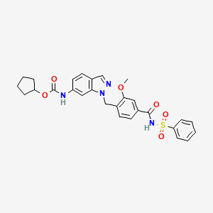 molecular formula C28H28N4O6S B1674268 (1-((2-Methoxy-4-(((phenylsulfonyl)amino)carbonyl)phenyl)methyl)-1H-indazol-6-yl)carbamic acid cyclopentyl ester CAS No. 104448-53-5