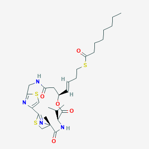 molecular formula C29H42N4O5S3 B1674506 S-[(E)-4-[(5R,8R,11S)-5-methyl-6,9,13-trioxo-8-propan-2-yl-10-oxa-3,17-dithia-7,14,19,20-tetrazatricyclo[14.2.1.12,5]icosa-1(18),2(20),16(19)-trien-11-yl]but-3-enyl] octanethioate CAS No. 1009815-87-5