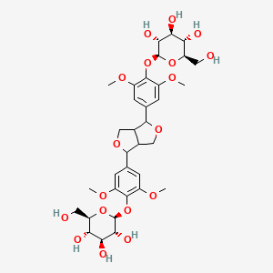 molecular formula C34H46O18 B1674868 (2S,3R,4S,5S,6R)-2-[4-[6-[3,5-dimethoxy-4-[(2S,3R,4S,5S,6R)-3,4,5-trihydroxy-6-(hydroxymethyl)oxan-2-yl]oxyphenyl]-1,3,3a,4,6,6a-hexahydrofuro[3,4-c]furan-3-yl]-2,6-dimethoxyphenoxy]-6-(hydroxymethyl)oxane-3,4,5-triol CAS No. 96038-87-8
