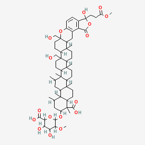 B1675059 2-((6-carboxy-4,5-dihydroxy-3-methoxytetrahydro-2H-pyran-2-yl)oxy)-14-hydroxy-8a,10a-bis(hydroxymethyl)-14-(3-methoxy-3-oxopropyl)-1,4,4a,6,6a,17b,19b,21b-octamethyl-16-oxo-2,3,4,4a,4b,5,6,6a,6b,7,8,8a,8b,9,10,10a,14,16,17,17a,17b,18,19,19a,19b,20,21,21a,21b,22,23,23a-dotriacontahydro-1H-benzo[9,10]piceno[3,4-a]furo[3,4-j]xanthene-1-carboxylic acid CAS No. 131774-53-3