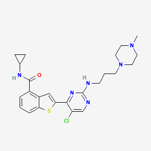 molecular formula C24H29ClN6OS B1675631 2-(5-chloro-2-(3-(4-methylpiperazin-1-yl)propylamino)pyrimidin-4-yl)-N-cyclopropylbenzo[b]thiophene-4-carboxamide trihydrochloride CAS No. 946518-60-1