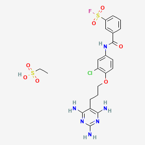 molecular formula C22H26ClFN6O7S2 B1675847 m-((3-Chloro-4-(3-(2,4,6-triamino-5-pyrimidinyl)propoxy)phenyl)carbamoyl)benzenesulfonyl fluoride monoethanesulfonate CAS No. 22478-95-1