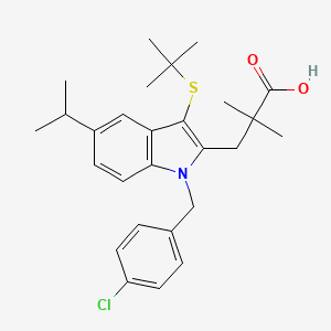 3-[3-Tert-butylsulfanyl-1-[(4-chlorophenyl)methyl]-5-propan-2-ylindol-2-yl]-2,2-dimethylpropanoic acid