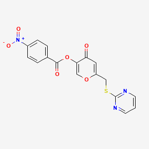 molecular formula C17H11N3O6S B1676642 4-oxo-6-((pyrimidin-2-ylthio)methyl)-4H-pyran-3-yl 4-nitrobenzoate CAS No. 877636-42-5