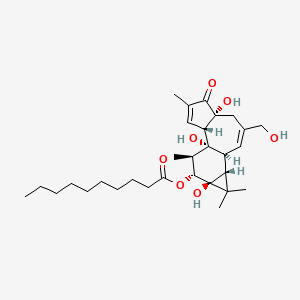molecular formula C30H46O7 B1677693 Decanoic acid, (1aR,1bS,4aR,7aS,7bR,8R,9R,9aS)-1a,1b,4,4a,5,7a,7b,8,9,9a-decahydro-4a,7b,9a-trihydroxy-3-(hydroxymethyl)-1,1,6,8-tetramethyl-5-oxo-1H-cyclopropa(3,4)benz(1,2-e)azulen-9-yl ester CAS No. 76423-68-2