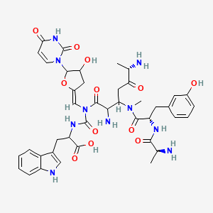 molecular formula C41H50N10O12 B1678274 2-[[[(6S)-2,6-diamino-3-[[(2S)-2-[[(2S)-2-aminopropanoyl]amino]-3-(3-hydroxyphenyl)propanoyl]-methylamino]-5-oxoheptanoyl]-[(E)-[5-(2,4-dioxopyrimidin-1-yl)-4-hydroxyoxolan-2-ylidene]methyl]carbamoyl]amino]-3-(1H-indol-3-yl)propanoic acid CAS No. 121264-05-9