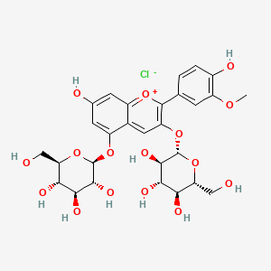 molecular formula C28H33ClO16 B1678281 3,5-Bis(beta-D-glucopyranosyloxy)-7-hydroxy-2-(4-hydroxy-3-methoxyphenyl)-1-benzopyrylium chloride CAS No. 132-37-6