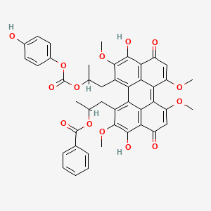 molecular formula C44H38O14 B1678507 1-[3,10-Dihydroxy-12-(2-{[(4-hydroxyphenoxy)carbonyl]oxy}propyl)-2,6,7,11-tetramethoxy-4,9-dioxo-4,9-dihydroperylen-1-yl]propan-2-yl benzoate CAS No. 121263-19-2