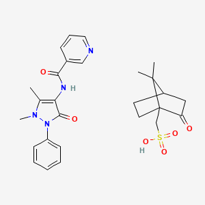 molecular formula C27H32N4O6S B1678813 N-(1,5-dimethyl-3-oxo-2-phenyl-2,3-dihydro-1H-pyrazol-4-yl)nicotinamide (7,7-dimethyl-2-oxobicyclo[2.2.1]heptan-1-yl)methanesulfonate CAS No. 31000-26-7