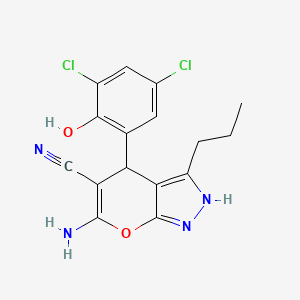 molecular formula C16H14Cl2N4O2 B1678848 6-Amino-4-(3,5-dichloro-2-hydroxyphenyl)-3-propyl-2,4-dihydropyrano[2,3-c]pyrazole-5-carbonitrile CAS No. 381186-64-7