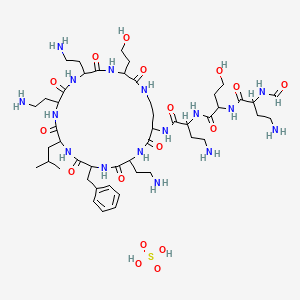 molecular formula C56H100N16O17S B1678988 N-[(2S)-4-amino-1-[[(2S,3R)-1-[[(2S)-4-amino-1-oxo-1-[[(6S,9S,12S,15R)-6,9,18-tris(2-aminoethyl)-15-benzyl-3-[(1R)-1-hydroxyethyl]-12-(2-methylpropyl)-2,5,8,11,14,17,20-heptaoxo-1,4,7,10,13,16,19-heptazacyclotricos-21-yl]amino]butan-2-yl]amino]-3-hydroxy-1-oxobutan-2-yl]amino]-1-oxobutan-2-yl]-6-methyloctanamide;sulfuric acid CAS No. 1405-20-5