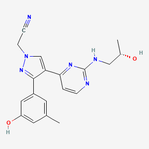 molecular formula C19H20N6O2 B1679678 1H-Pyrazole-1-acetonitrile, 3-(3-hydroxy-5-methylphenyl)-4-(2-(((2S)-2-hydroxypropyl)amino)-4-pyrimidinyl)- CAS No. 950525-20-9