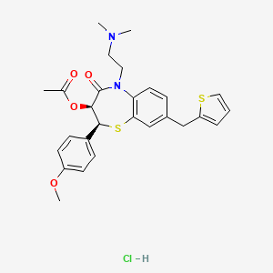 molecular formula C27H31ClN2O4S2 B1680069 (2S-cis)-3-(Acetyloxy)-5-(2-(dimethylamino)ethyl)-2,3-dihydro-2-(4-methoxyphenyl)-8-(2-thienylmethyl)-1,5-benzothiazepin-4(5H)-one monohydrochloride CAS No. 129173-57-5
