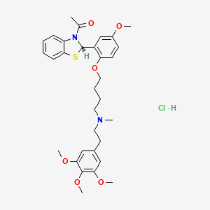 molecular formula C32H41ClN2O6S B1680468 Benzothiazole,3-acetyl-2,3-dihydro-2-[5-methoxy-2-[4-[methyl[2-(3,4,5-trimethoxyphenyl)ethyl]amino]butoxy]phenyl]-,monohydrochloride, (2S)- (9CI) CAS No. 112946-90-4