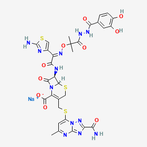 molecular formula C31H29N12NaO10S3 B1680684 5-Thia-1-azabicyclo(4.2.0)oct-2-ene-2-carboxylic acid, 3-(((2-(aminocarbonyl)-5-methyl(1,2,4)triazolo(1,5-a)pyrimidin-7-yl)thio)methyl)-7-(((2-amino-4-thiazolyl)((2-(2-(3,4-dihydroxybenzoyl)hydrazino)-1,1-dimethyl-2-oxoethoxy)imino)acetyl)amino)-8-oxo-, monosodium salt, (6R-(6alpha,7beta(Z)))- CAS No. 141916-35-0