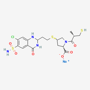 molecular formula C19H24ClN4NaO6S3 B1681087 Sodium;(2S,4S)-4-[2-(7-chloro-4-oxo-6-sulfamoyl-2,3-dihydro-1H-quinazolin-2-yl)ethylsulfanyl]-1-[(2S)-2-methyl-3-sulfanylpropanoyl]pyrrolidine-2-carboxylate CAS No. 107550-68-5