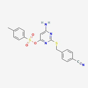 molecular formula C19H16N4O3S2 B1681826 6-Amino-2-[(4-cyanobenzyl)sulfanyl]pyrimidin-4-yl 4-methylbenzenesulfonate CAS No. 849020-48-0