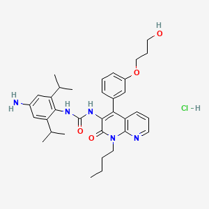 molecular formula C34H44ClN5O4 B1681836 Urea, N-(4-amino-2,6-bis(1-methylethyl)phenyl)-N'-(1-butyl-1,2-dihydro-4-(3-(3-hydroxypropoxy)phenyl)-2-oxo-1,8-naphthyridin-3-yl)-, monohydrochloride, monohydrate CAS No. 259224-95-8