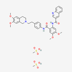 molecular formula C39H44N4O10S B1681932 N-[2-[[4-[2-(6,7-dimethoxy-3,4-dihydro-1H-isoquinolin-2-yl)ethyl]phenyl]carbamoyl]-4,5-dimethoxyphenyl]quinoline-3-carboxamide;methanesulfonic acid;hydrate CAS No. 625375-84-0