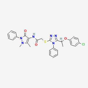 molecular formula C29H27ClN6O3S B1682028 2-[[5-[1-(4-chlorophenoxy)ethyl]-4-phenyl-1,2,4-triazol-3-yl]sulfanyl]-N-(1,5-dimethyl-3-oxo-2-phenylpyrazol-4-yl)acetamide CAS No. 403990-79-4