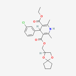 molecular formula C25H30ClNO6 B1682266 1,4-Dioxaspiro(4.4)non-2-ylmethyl ethyl 4-(3-chlorophenyl)-1,4-dihydro-2,6-dimethyl-3,5-pyridinedicarboxylate CAS No. 155506-70-0