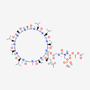 molecular formula C73H128N13O22P B1682807 [(E,1R,2R)-1-[(2S,5S,11S,14S,17S,20S,23R,26S,29S,32S)-5-ethyl-1,7,10,16,20,23,25,28,31-nonamethyl-11,17,26,29-tetrakis(2-methylpropyl)-3,6,9,12,15,18,21,24,27,30,33-undecaoxo-14,32-di(propan-2-yl)-1,4,7,10,13,16,19,22,25,28,31-undecazacyclotritriacont-2-yl]-2-methylhex-4-enyl] 2-[[(2S)-2-(1-acetyloxyethoxycarbonylamino)-3-phosphonooxypropanoyl]-methylamino]acetate CAS No. 473545-11-8