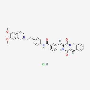molecular formula C39H39ClN4O5 B1683414 3-[(Z)-[(5Z)-5-benzylidene-4-methyl-3,6-dioxopiperazin-2-ylidene]methyl]-N-[4-[2-(6,7-dimethoxy-3,4-dihydro-1H-isoquinolin-2-yl)ethyl]phenyl]benzamide;hydrochloride CAS No. 180422-22-4