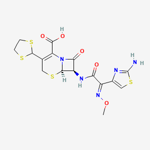molecular formula C16H17N5O5S4 B1683450 7beta-(2-(2-Amino-4-thiazolyl)-2-methoxyiminoacetamido)-3-(1,3-dithiolan-2-yl)-3-cephem-4-carboxylic acid CAS No. 105980-35-6