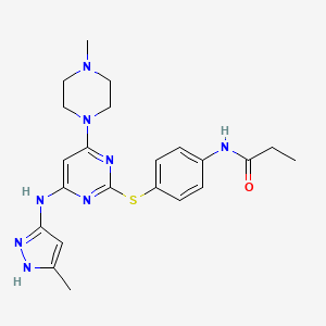 molecular formula C22H28N8OS B1683478 N-(4-(4-(5-methyl-1H-pyrazol-3-ylamino)-6-(4-methylpiperazin-1-yl)pyrimidin-2-ylthio)phenyl)propionamide CAS No. 639089-73-9